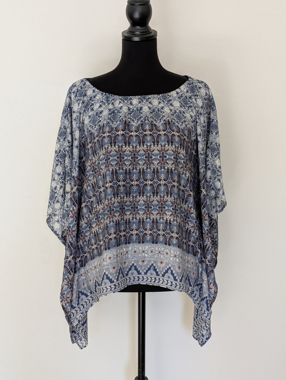 Boho Printed  Poncho Top in Blue